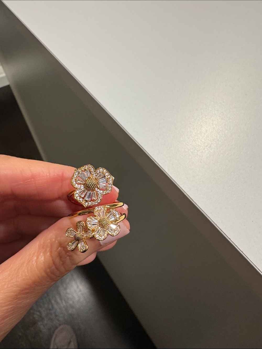 Gold Floral Crystal Stackable Rings -  Gold